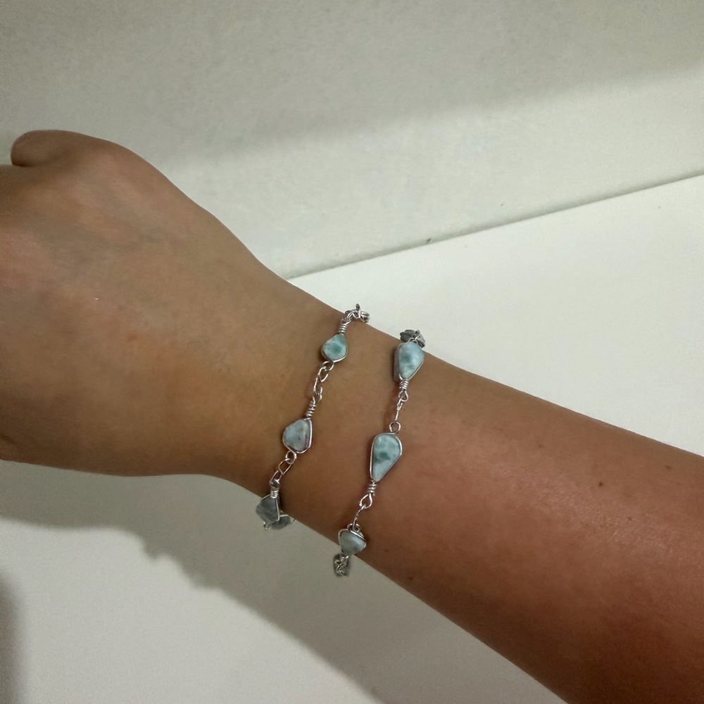 Handmade Blue Stone Chain Bracelet – Silver Tone – Artisan Jewelry